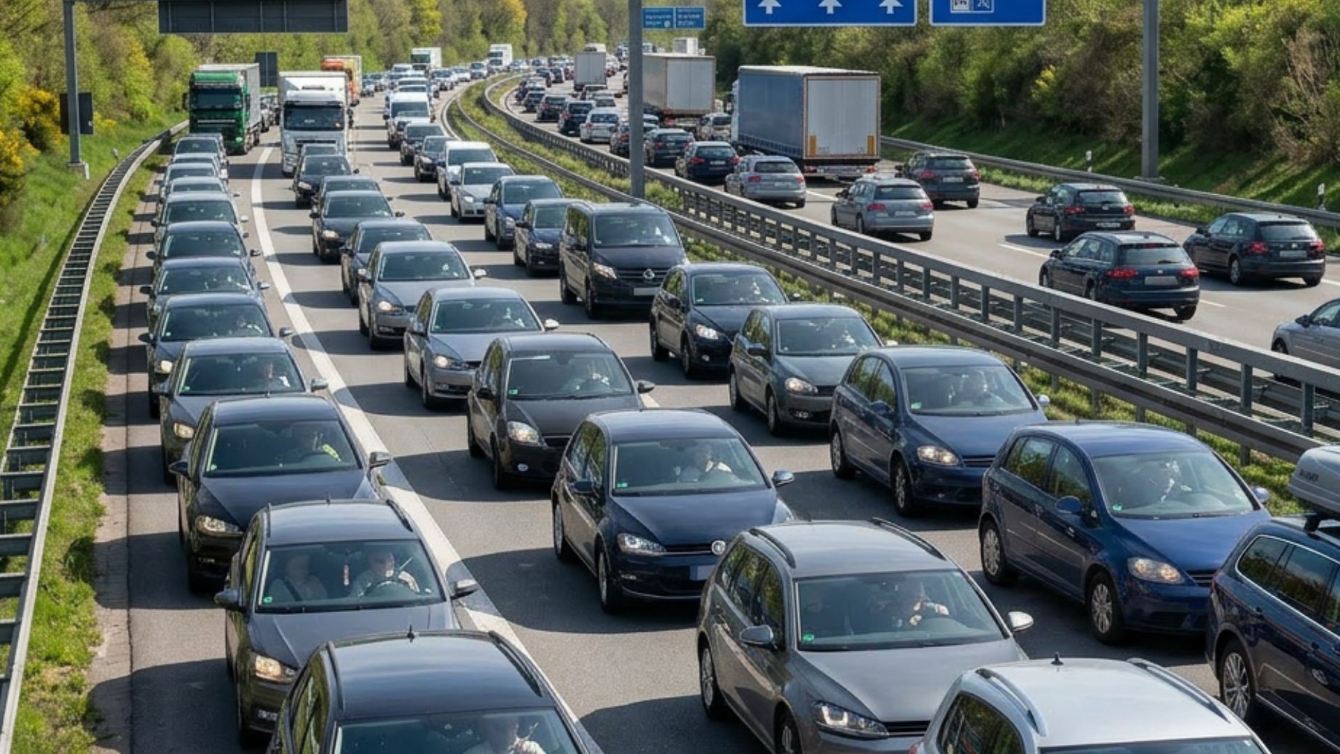Das Bild zeigt einen Stau auf einer deutschen Autobahn.