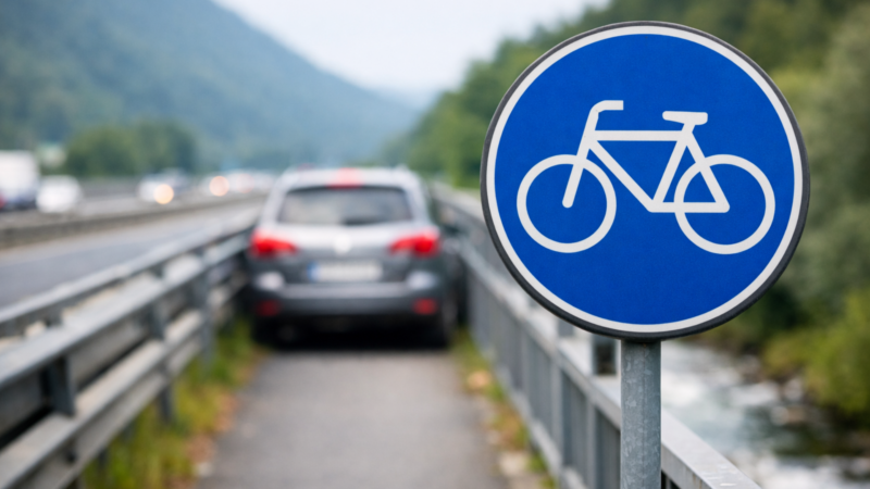 Auto steckt auf Radweg fest