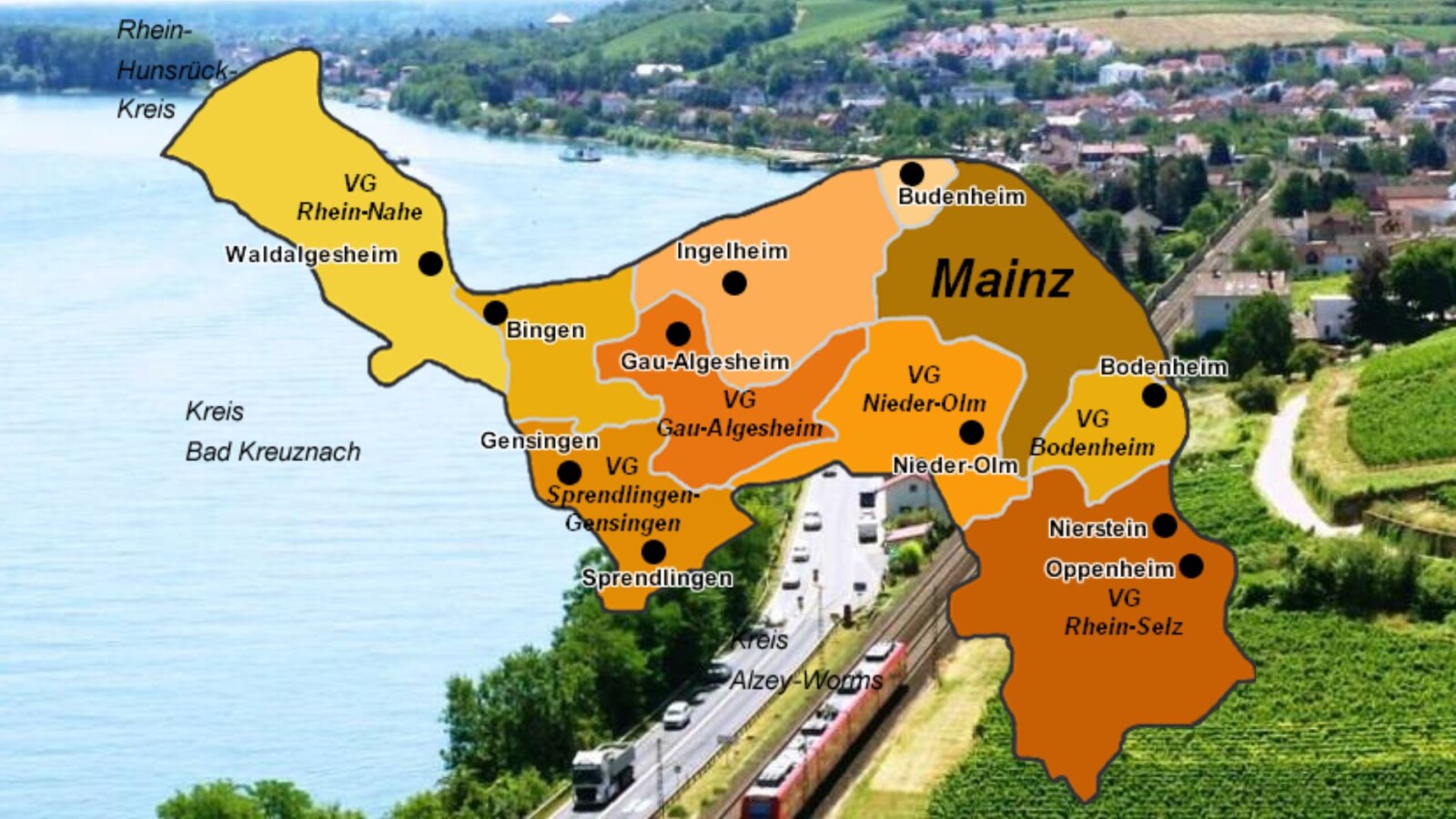 Karte von Mainz und Umgebung, zeigt die Verbandsgemeinden und angrenzenden Kreise am Rhein.