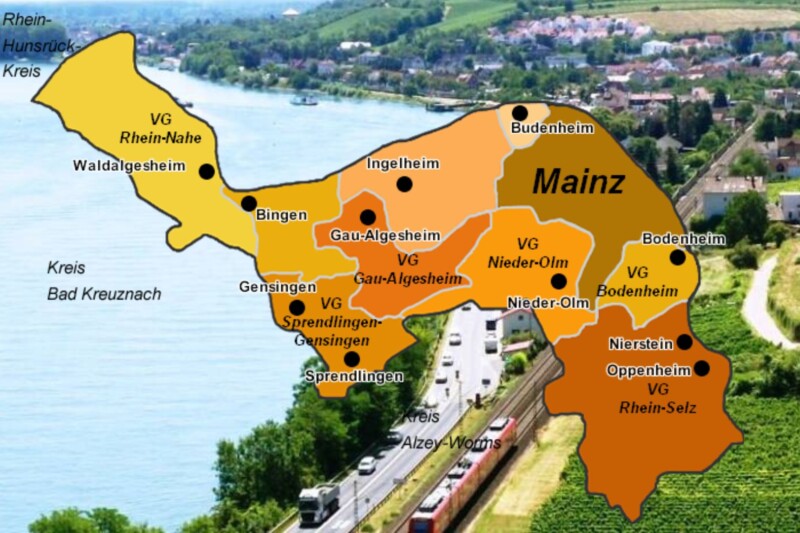 Karte von Mainz und Umgebung, zeigt die Verbandsgemeinden und angrenzenden Kreise am Rhein.