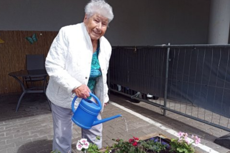 Altenpflegeheimbewohner bepflanzen Hochbeete in Alzey