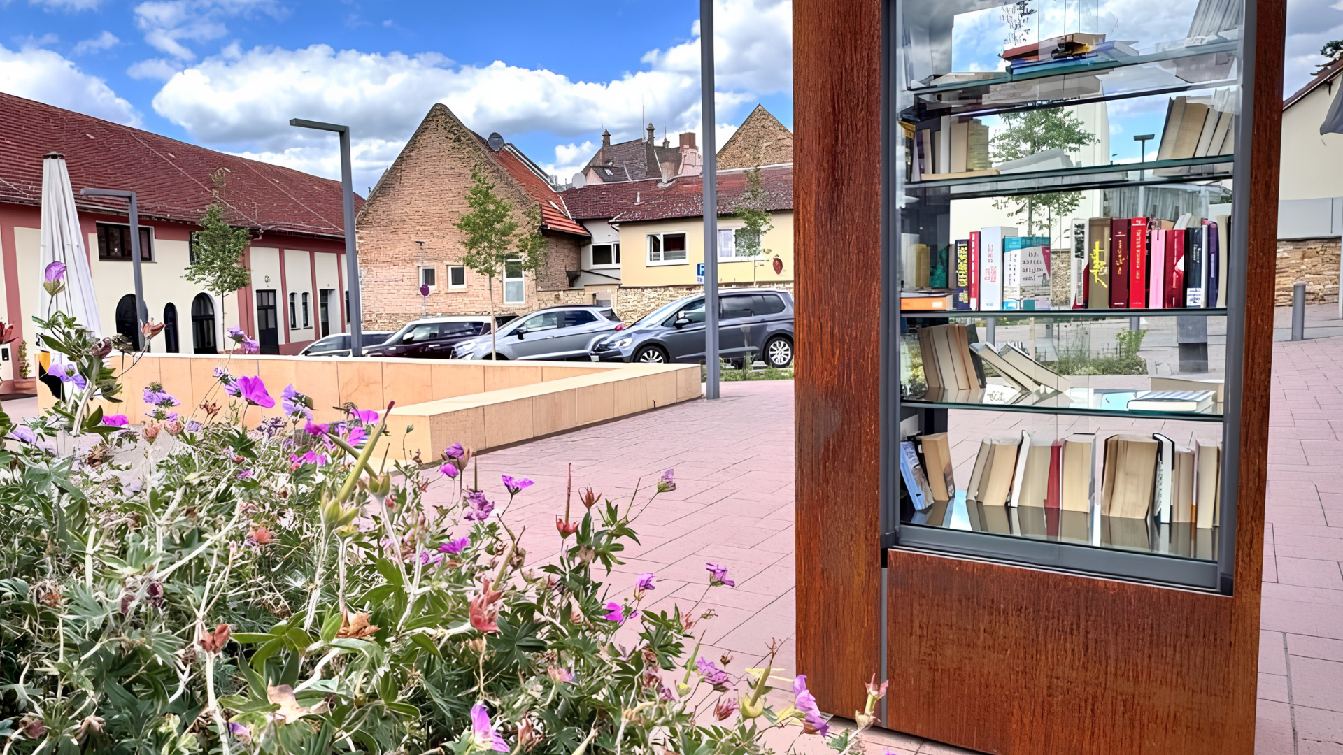 Das Bild zeigt den Bücherschrank welcher in Alzey auf dem Stadthallenplatz.