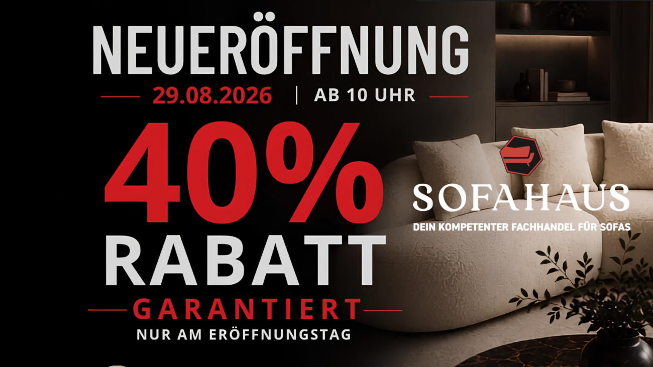 Das Bild zeigt eine beige farbene Couch. Es wird für die Eröffnung vom Sofahaus beworben und einen Rabatt von 40%
