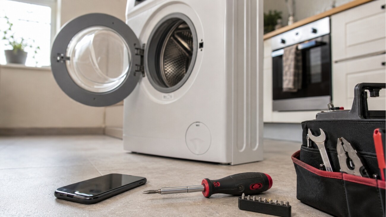 Schraubendreher und Werkzeug neben Waschmaschine und Smartphone