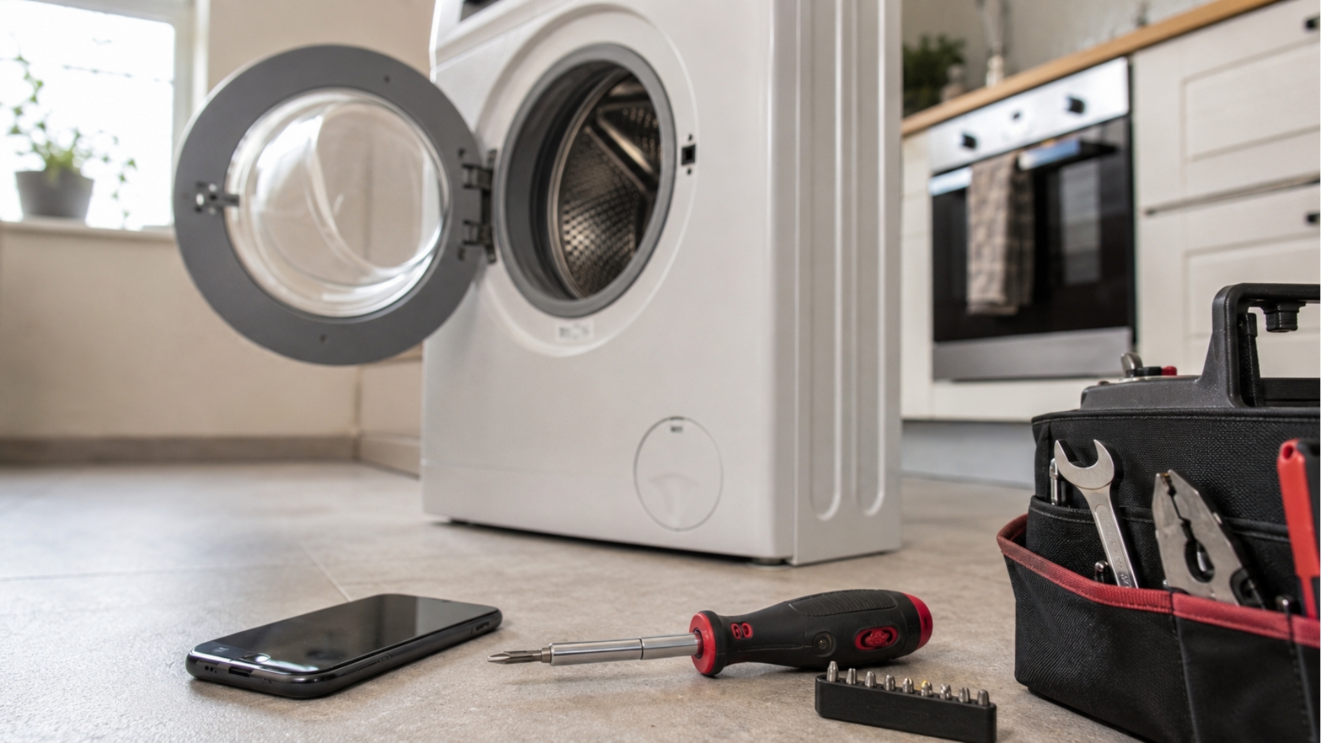 Schraubendreher und Werkzeug neben Waschmaschine und Smartphone