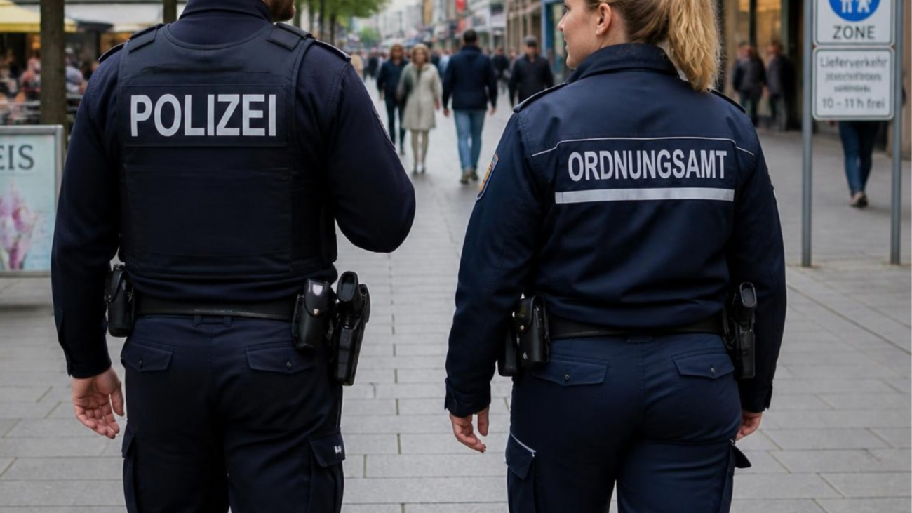Zu sehen sind ein Polizist und eine Mitarbeiterin des Ordnungsamts, die gemeinsam durch eine Fußgängerzone gehen. Beide sind von hinten zu sehen und tragen dunkle Uniformen mit gut sichtbarer Beschriftung. Im Hintergrund befinden sich mehrere Passanten und Geschäfte.