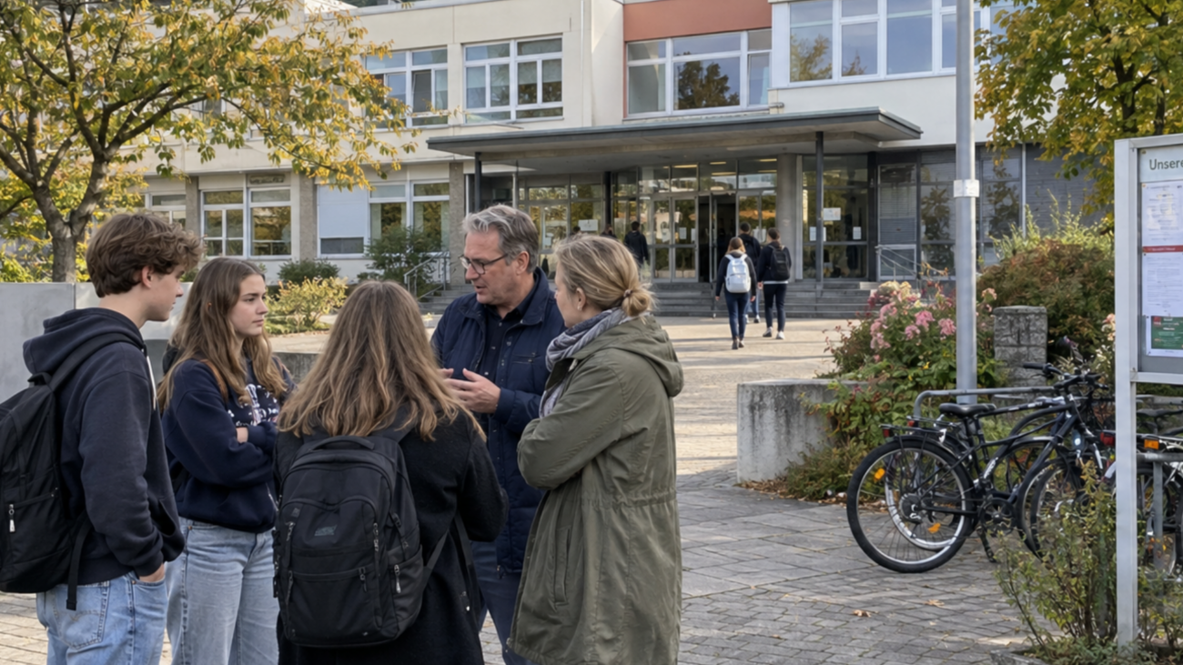 Schüler und Lehrer im gespräch vor Schulgebäude in Kirn