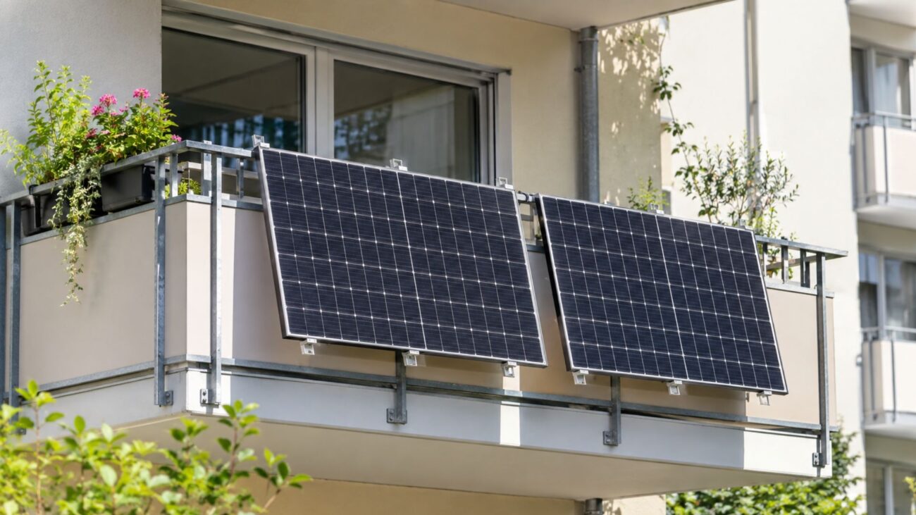 Wohnung mit Solarpannels am Balkon. Zur Stromerzeugung in den eigenen vier Wänden.