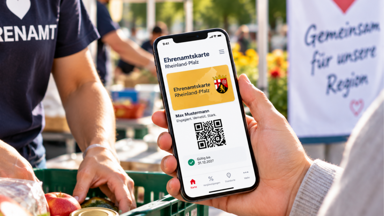 Zu sehen ist eine ehrenamtliche Aktion im Freien. Im Vordergrund hält eine Person ein Smartphone mit einer digitalen Ehrenamtskarte und einem QR-Code in der Hand. Daneben packt ein Helfer mit einem T-Shirt mit der Aufschrift „Ehrenamt“ Lebensmittel in eine Kiste. Gesichter sind nicht zu erkennen, im Hintergrund sind weitere Helfer und ein Veranstaltungsstand zu sehen.