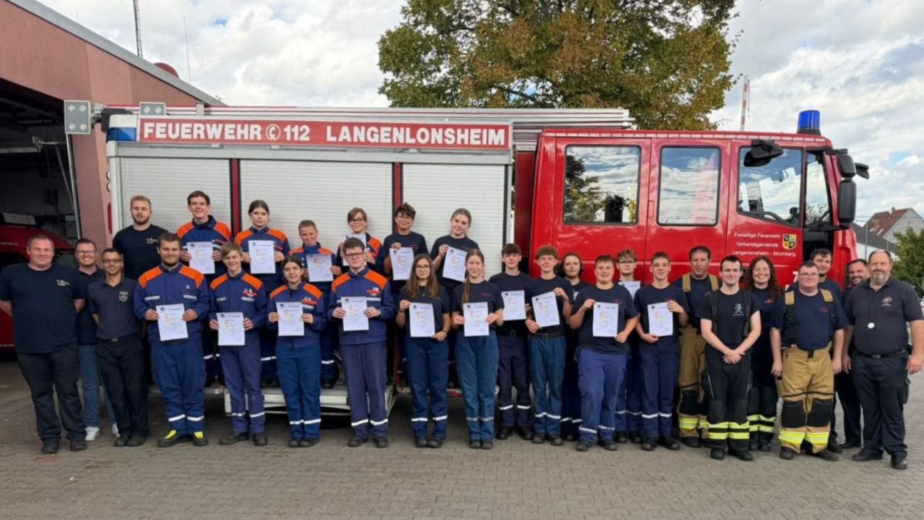 Zusehen ist die Jugendfeuerwehr als Gruppe vor einem Feuerwehrauto mit Ihrem Jugendleiter