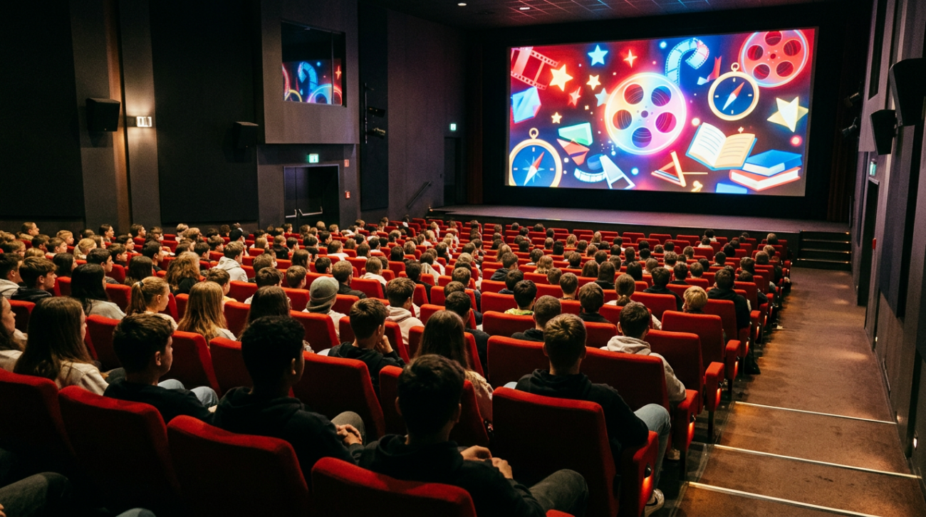 Ein Kinosaal in dem Menschen sitzen. Alle Sitze sind belegt. Die Menschen schauen sich einen Kinofilm an. Dabei essen sie Popcorn und trinken verschiedene GEtränke.