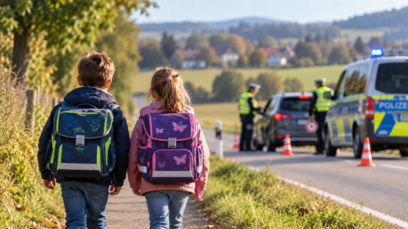 Zwei Schulkinder auf dem Gehweg zur Schule. Daneben verläuft eine Straße auf welcher die Polizei eine Kotrolle durchführt.