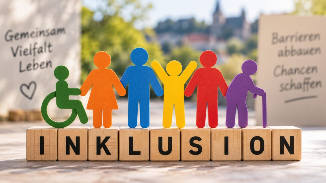 Menschen stehen zusammen, egal welche Beeinträchtigung sie haben - Inklusion.