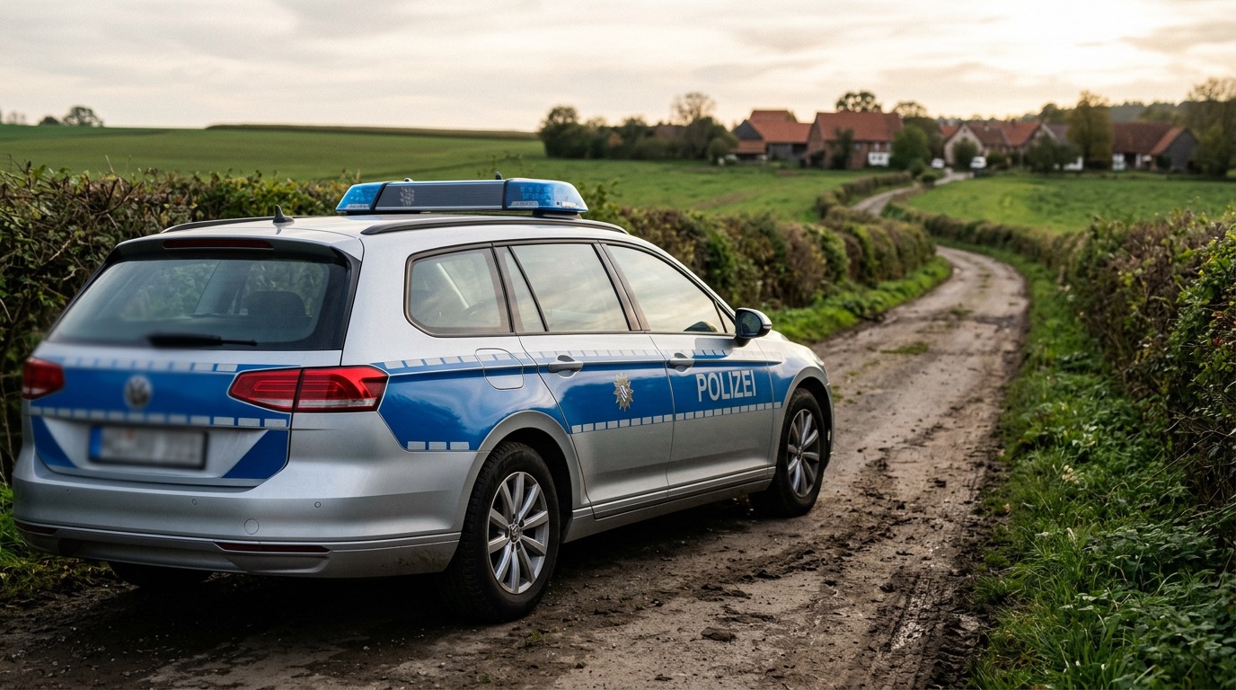 Ein blaues Polizeiauto steht auf einem landwirtschaftlichen Weg. Auf der Seite des Autos steht der Schriftzug Polizei. Auf dem Dach ist das Blaulicht zu sehen.