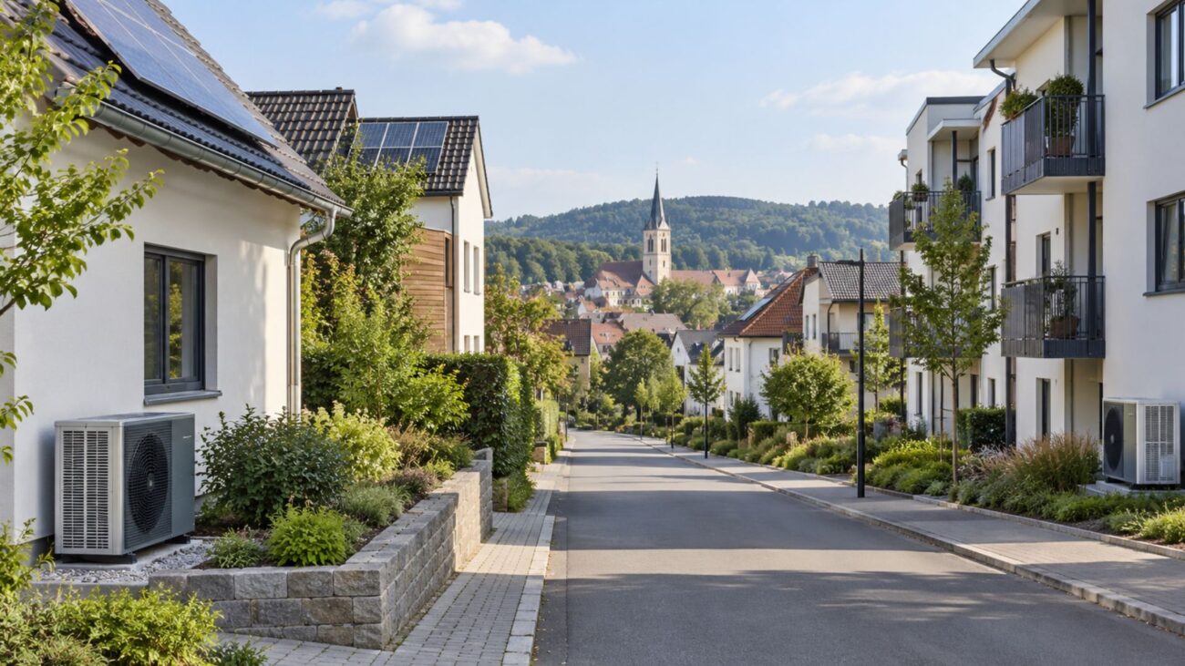Straße mit Häusern und nachhaltiger Energie.