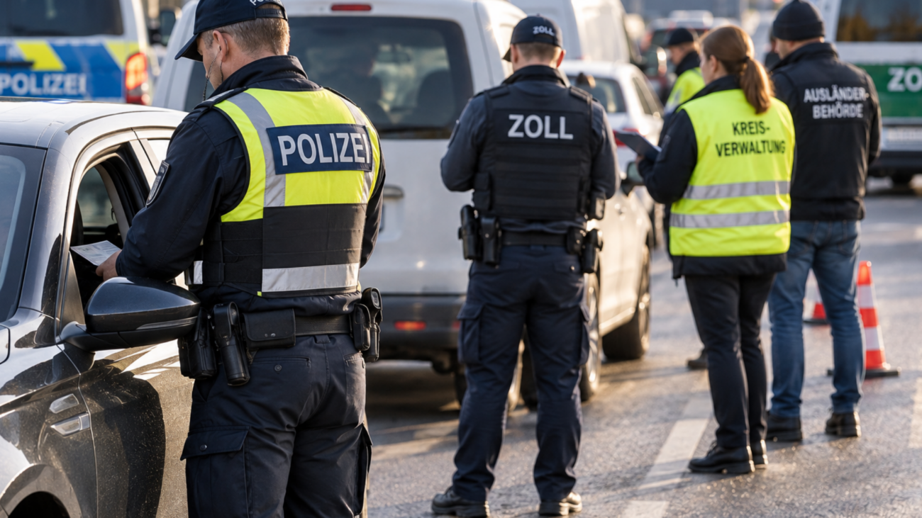 Zu sehen ist eine behördenübergreifende Verkehrskontrolle auf einer Straße. Im Vordergrund kontrolliert ein Polizeibeamter ein Fahrzeug, während im Hintergrund weitere Einsatzkräfte von Polizei, Zoll und Verwaltung zu sehen sind. Mehrere Fahrzeuge stehen an der Kontrollstelle, die mit Warnkegeln abgesichert ist.
