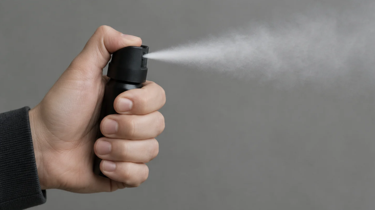 Pfefferspray in einer Hand das gesprüht wird.