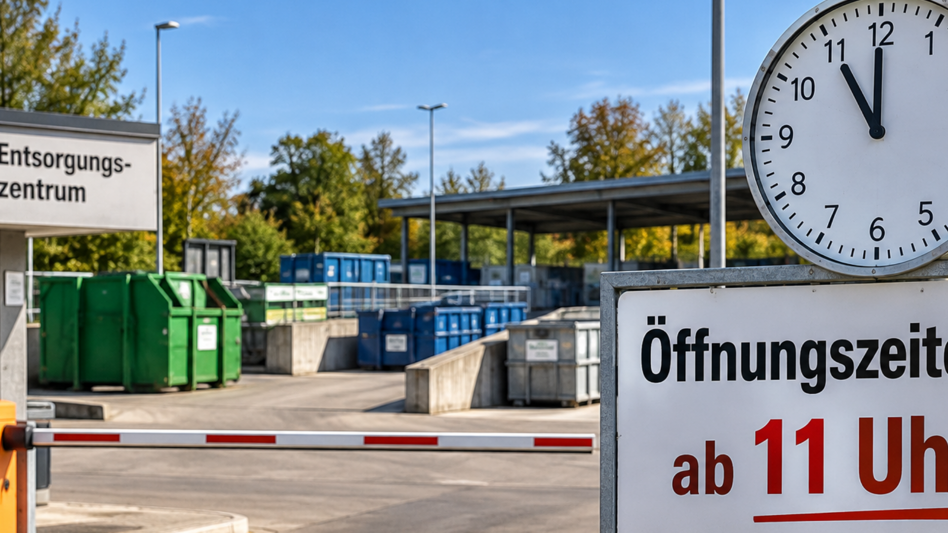 Zu sehen ist die Einfahrt zu einem Entsorgungszentrum mit einer geschlossenen Schranke. Im Hintergrund stehen mehrere große Container. Im Vordergrund weist ein Schild auf die geänderte Öffnungszeit ab 11 Uhr hin, darüber ist eine Uhr zu sehen.