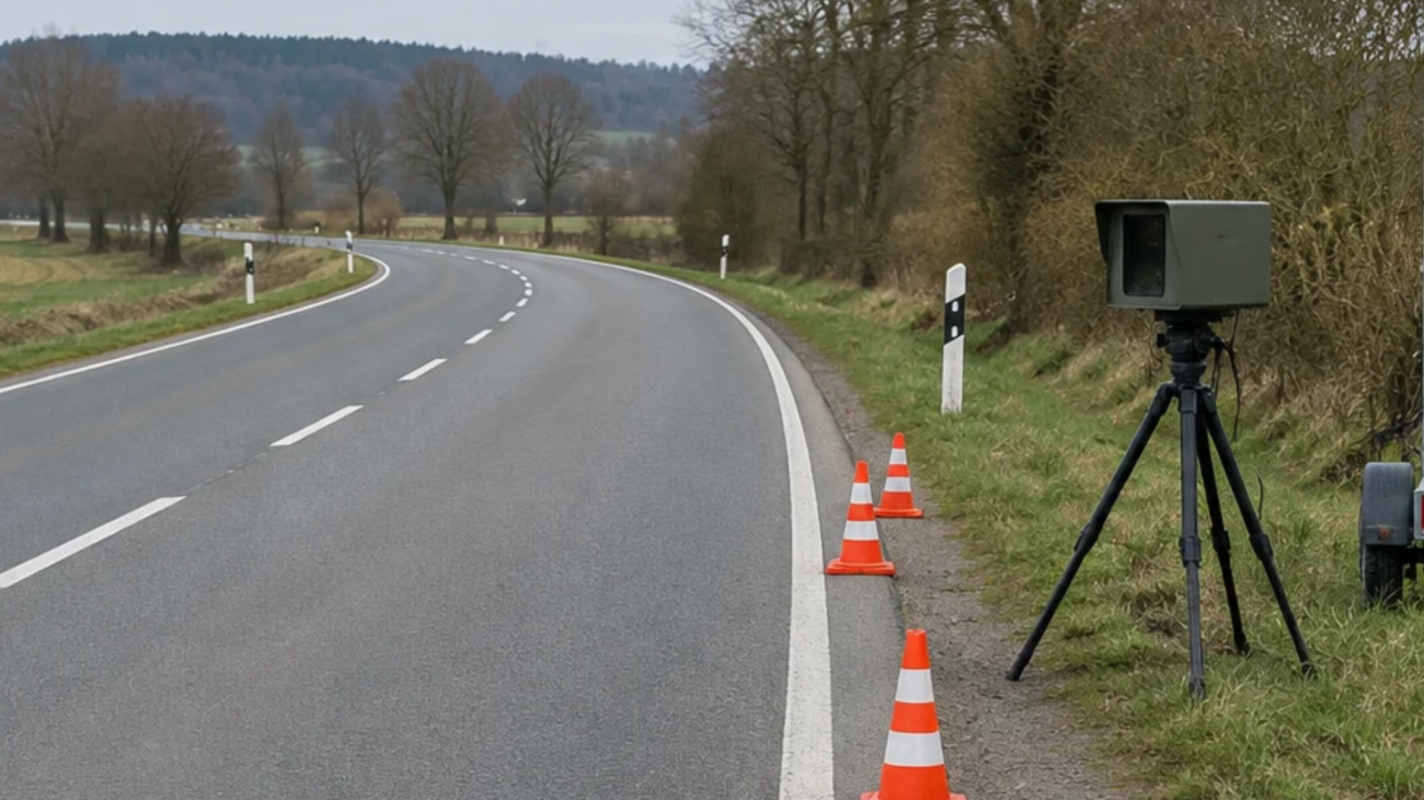 Eine Landstraße an der am rechten Fahrbahnrand ein Blitzer steht. Hier wird eine Geschwindigkeitskontrolle durchgeführt.