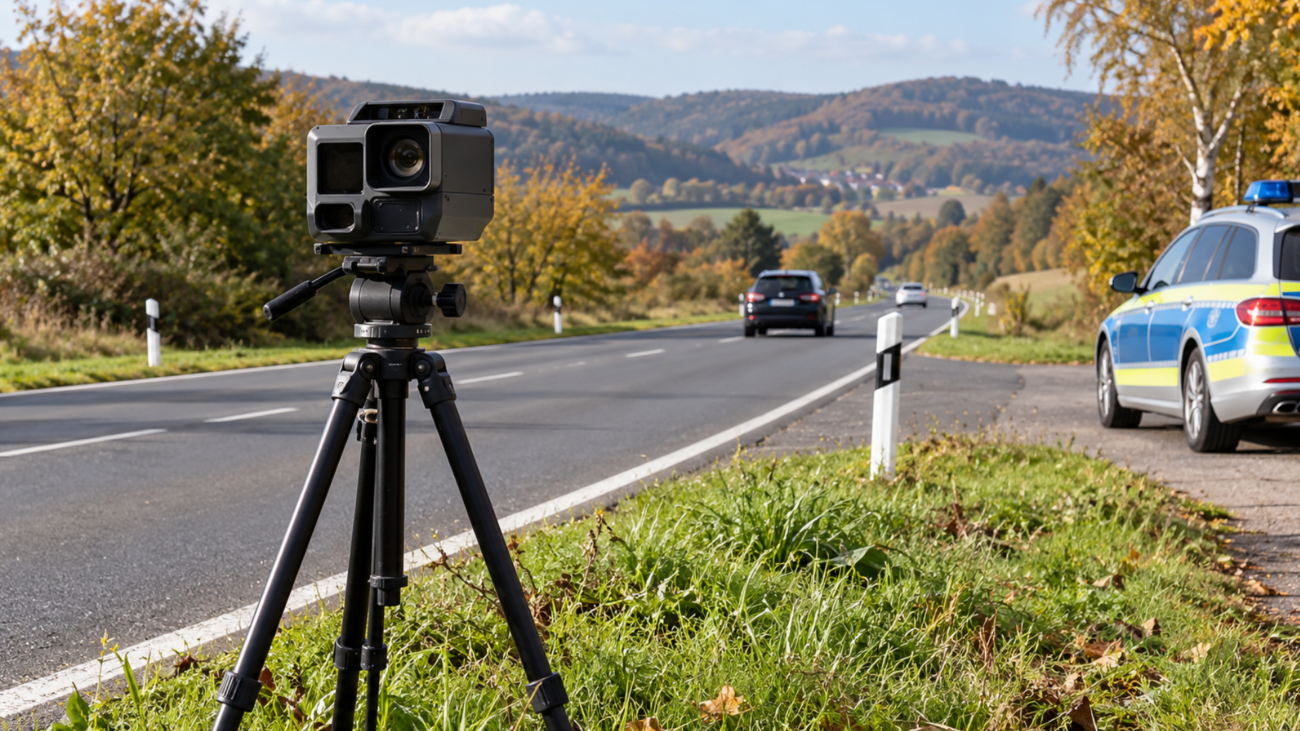 Geschwindkeitskontrolle an der Straße. Links ist ein Polizeiauto zu sehen. Rechts sieht man die Straße