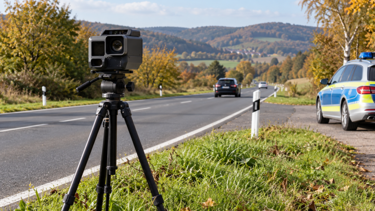 Geschwindkeitskontrolle an der Straße. Links ist ein Polizeiauto zu sehen. Rechts sieht man die Straße