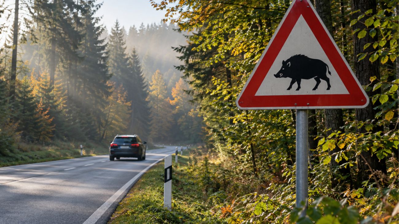 Zu sehen ist eine Landstraße, die durch ein bewaldetes Gebiet führt. Am Straßenrand steht ein Warnschild, das auf Wildschweine und möglichen Wildwechsel hinweist. Auf der Straße fährt ein Auto, während im Hintergrund dichter Wald und herbstlich gefärbte Bäume zu erkennen sind.